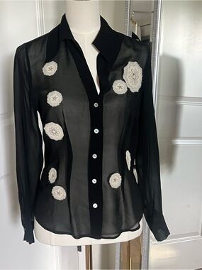 CitySpirit Black Silk Sheer Button-Front Blouse with White Floral Appliqués
